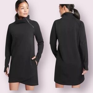 Athleta Cozy Karma Sweatshirt Dress Asymmetrical Zip Thumb Holes Black Size XS